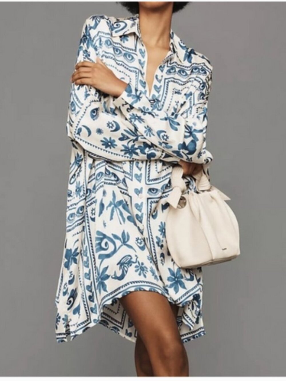 Corey Lynn Calter blue evil eye oversized shirt dress, ~Small.
